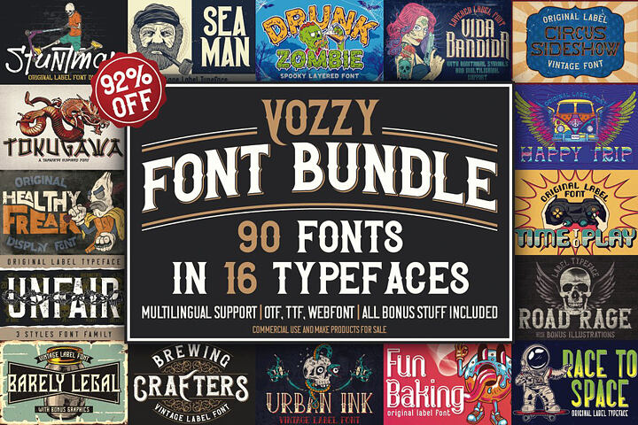 16 Font Families – 90 Fonts & Graphics