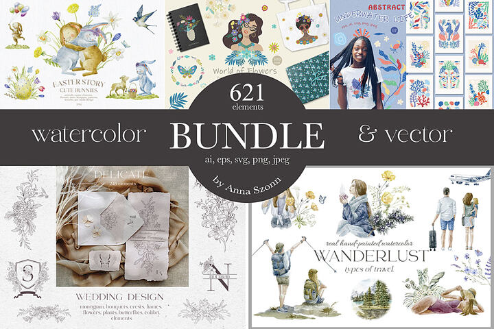 Watercolor & Vector Bundle – 621 Elements