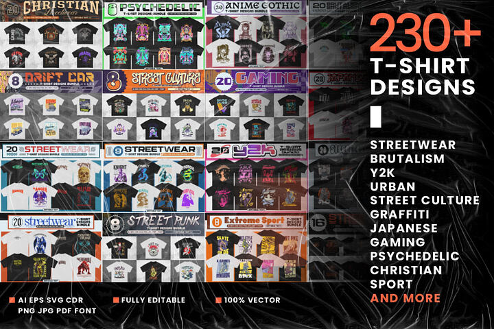 230 T-shirt Designs – 16 in 1