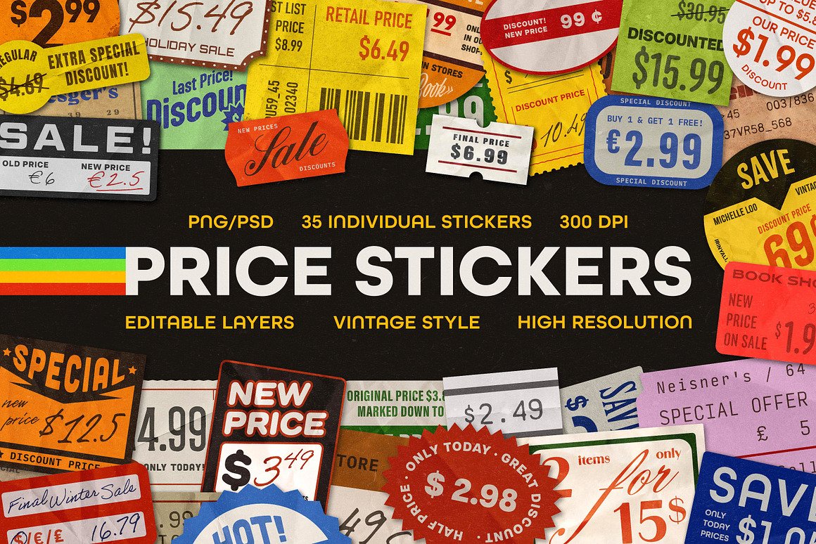 35 individual PNG price stickers & layered editable PSD template