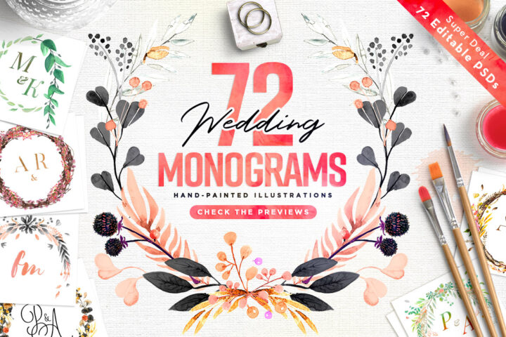 72 Watercolor Wedding Monograms