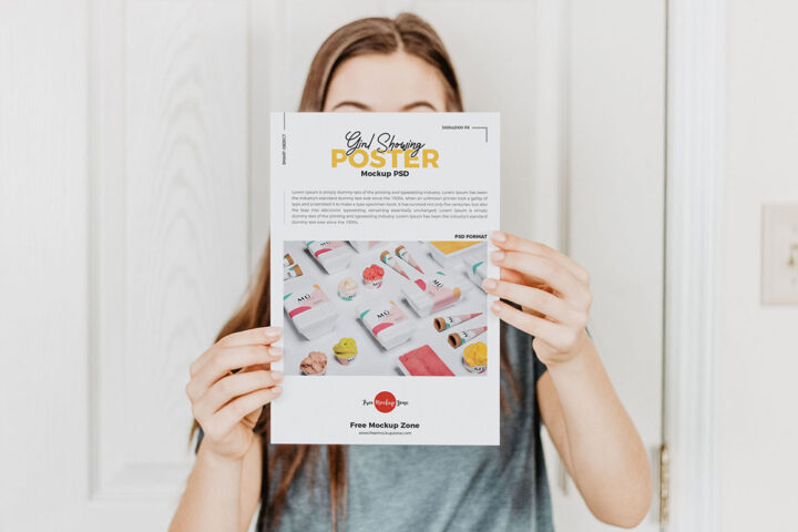 Girl Showing Poster – Free Mockup
