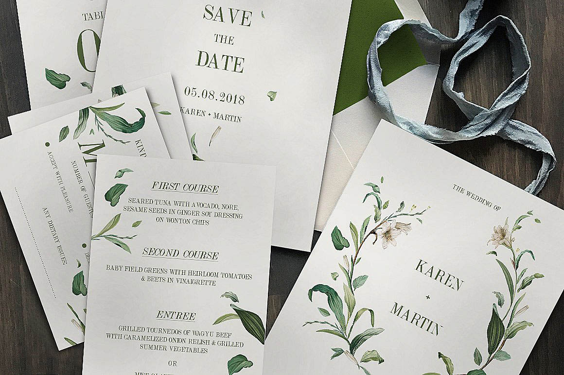 Green Foliage Wedding Invitation Features: