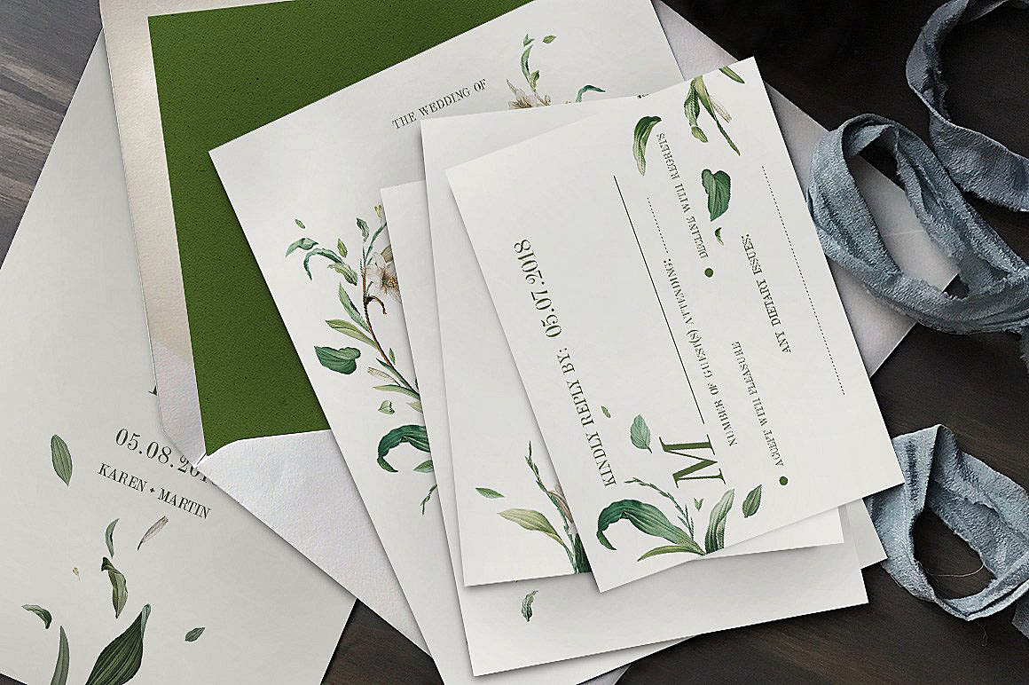 Green Foliage Wedding Invitation Features: